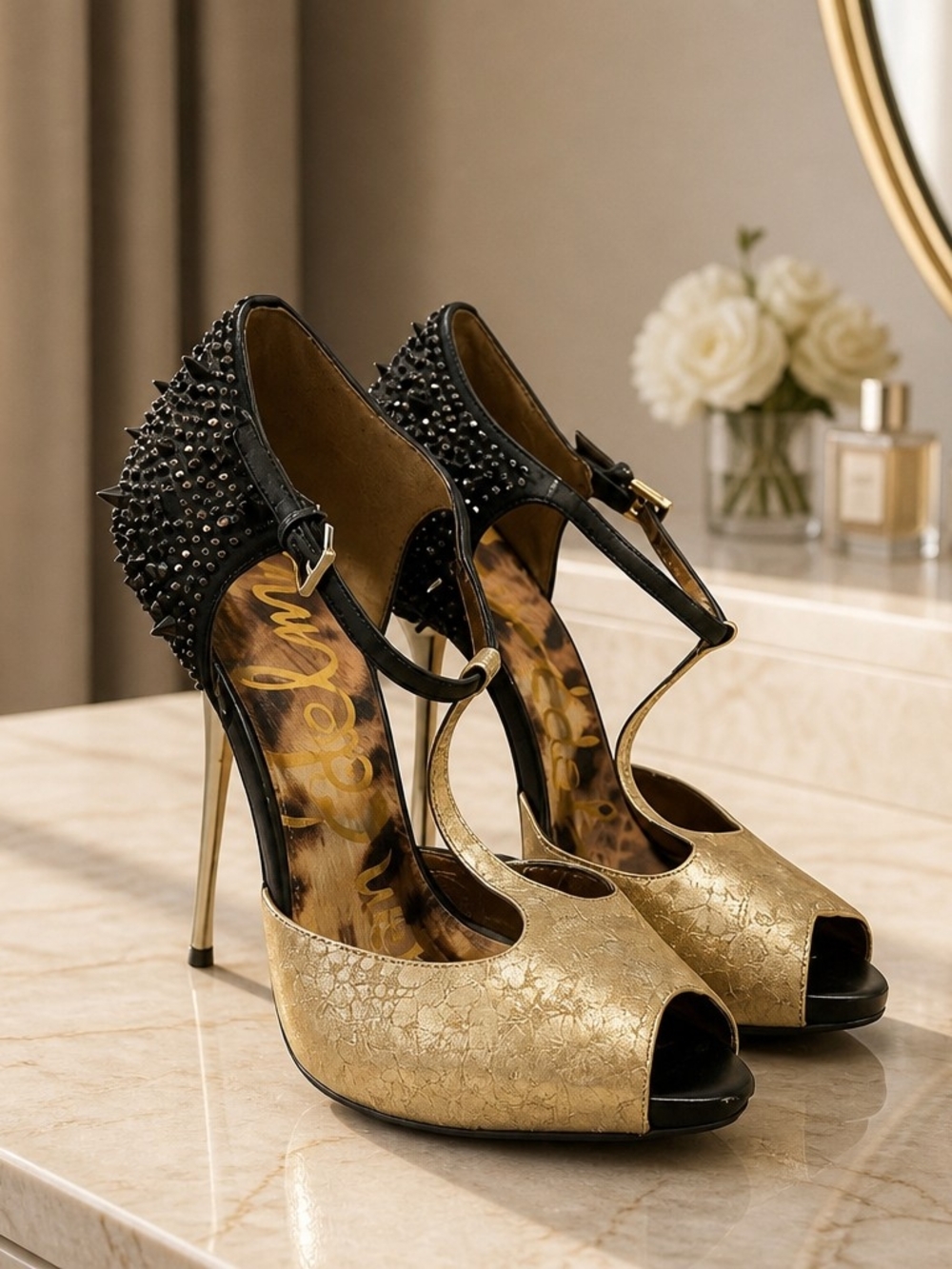 Sam Edelman "Scarlett" Gold and Black Studded High Heel Peep-Toe Pumps